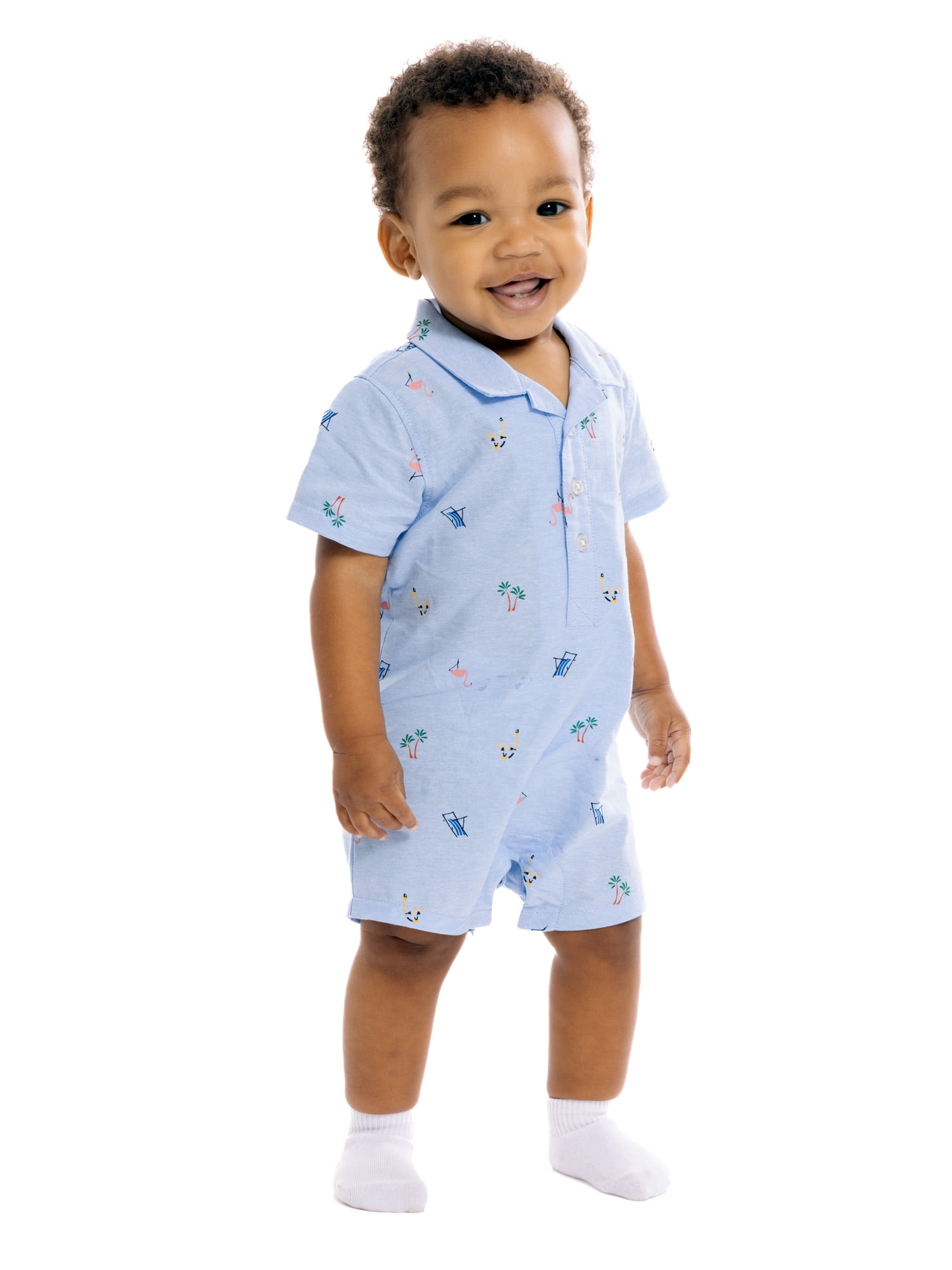 Wonder Nation Baby Boys Printed Collared Romper with Short Sleeves, Sizes 0/3M-24M
