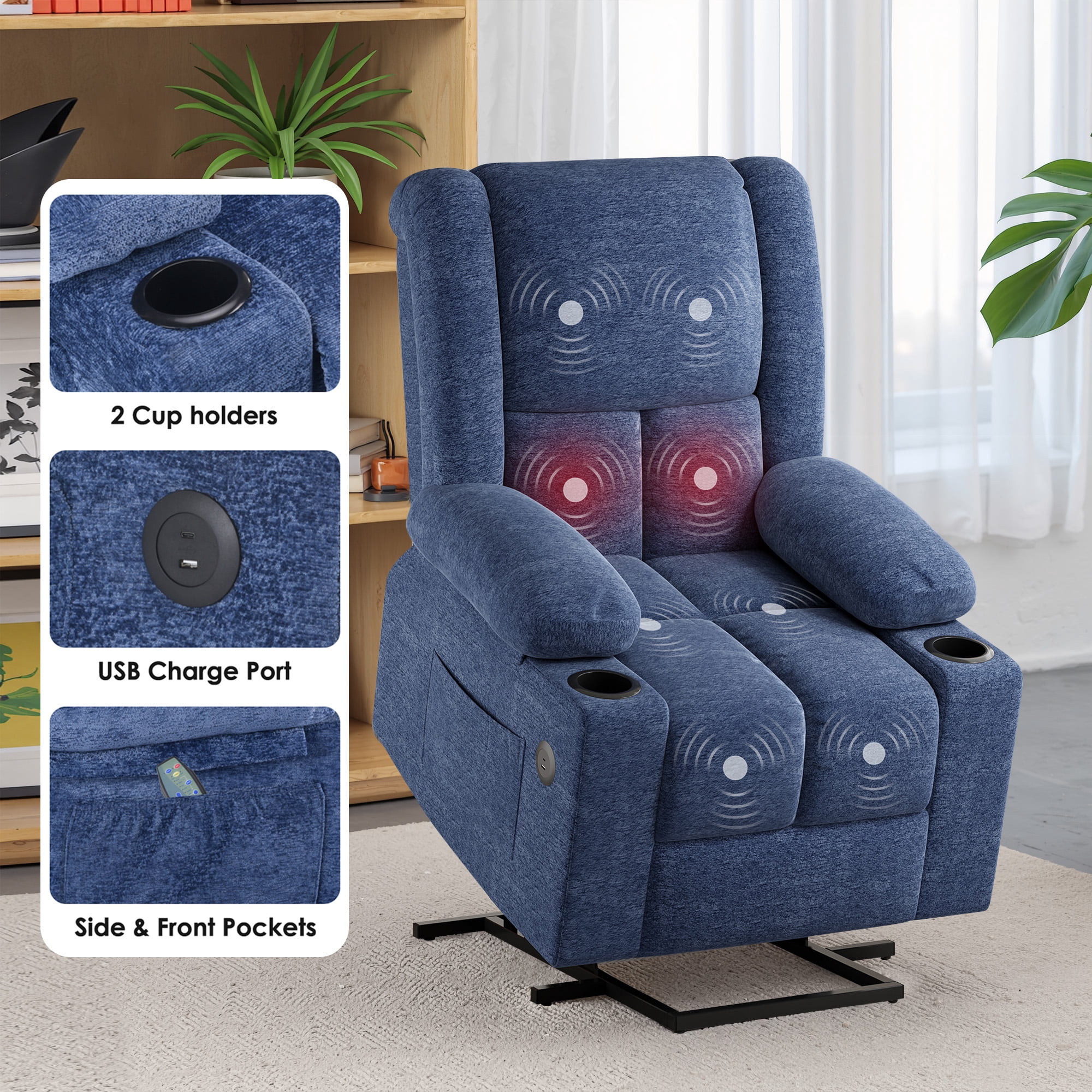 MAYEERTY Blue Power Lift Recliner Chair with Massage, Heat, USB Ports, and Cup Holders for Senior Comfort