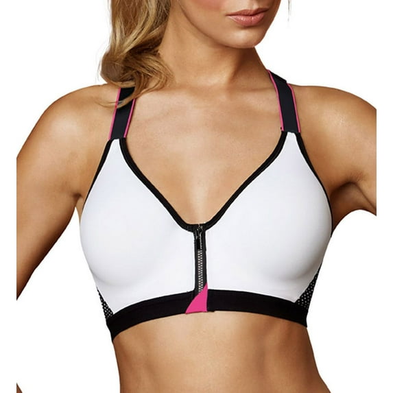 Women's Maidenform DM7991 Secure Zip Front Underwire Racerback Sports Bra (White/Black 36B)