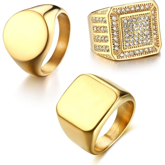 3PCS Mens Rings Signet Rings for Men Women 14K Gold Plated Rings Stainless Steel Men Gold Rings Iced Out Rings