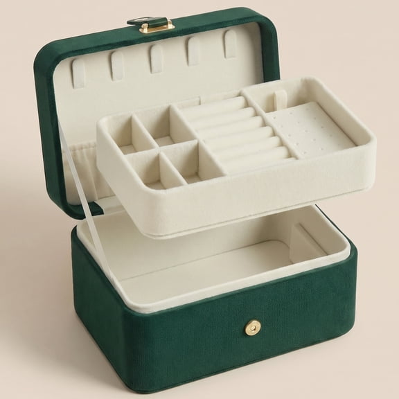 Nordic Hygge 2-Layer Portable Travel Jewelry Case, Retro Green Luxe Organizer