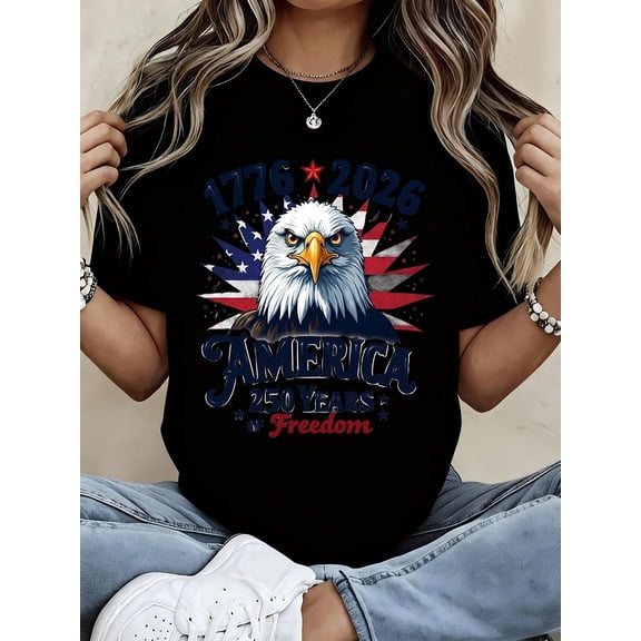 Patriotic America 250 Years of Freedom T-Shirt, 1776-2026 Bald Eagle USA Flag Graphic Tee for Men and Women