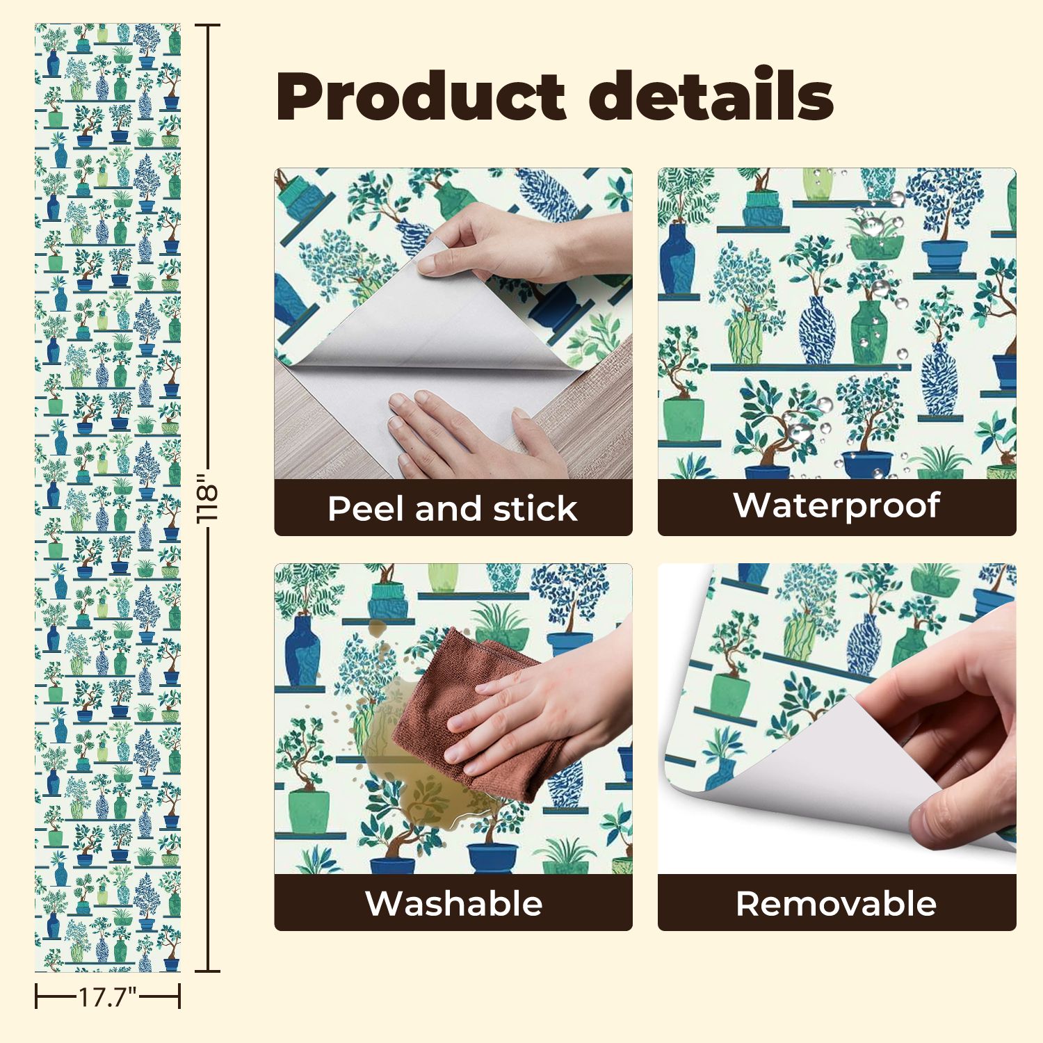 Peel and Stick Wallpaper 17.7in x 9.8ft Greenery Botanical Vases Stylized Plants Florals Contact Paper Vinyl Self-Adhesive Removable Wall Paper for Bedroom DIY Home Decor Renter Friendly