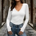 thumbnail image 3 of DISKEBUISS Women's V Neck Long Sleeve Fitted T-Shirt Stretchy Slim Basic Top with Thumb Holes for Daily Layering, 3 of 8