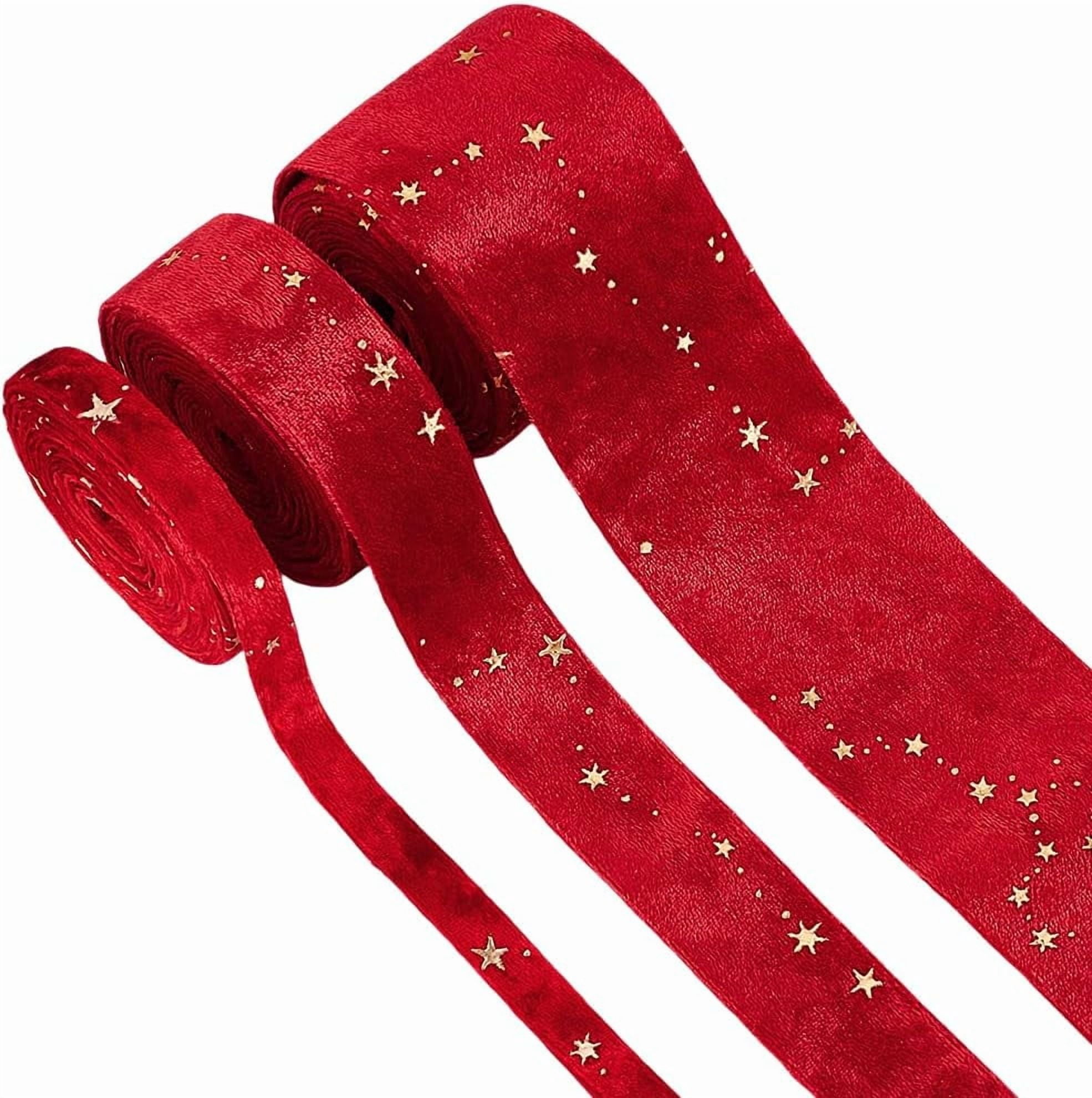6.56 Yards(6m) Double Faced Velvet Ribbons with Star Motif 3/8 inch 1 inch 2 inch(1cm 2.5cm 5cm) Black Satin Trims Flat Ribbon Roll for Gift Wrapping Decor Party Wedding Crafts 1set