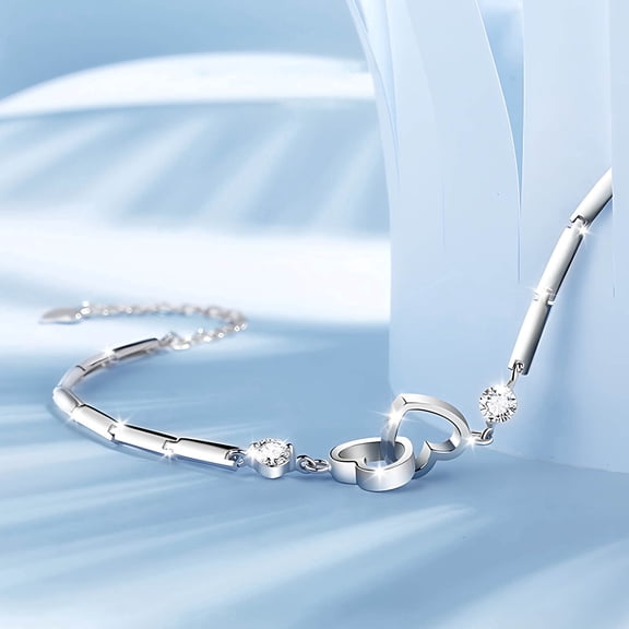Giunmcul Gift for Girlfriend 925 Silver Plated Heart Chain Bracelet for Women and Teens Adjustable 6.4 Plus 1.6 In Fashion Jewelry Gift for Commemorative Day