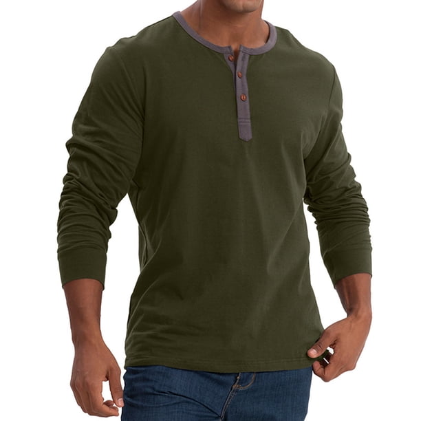 Blusas y camisas de manga larga con cuello redondo para hombre, color liso, informales, a la moda, con botones, cuello redondo, manga larga, blusa de poliéster para hombre