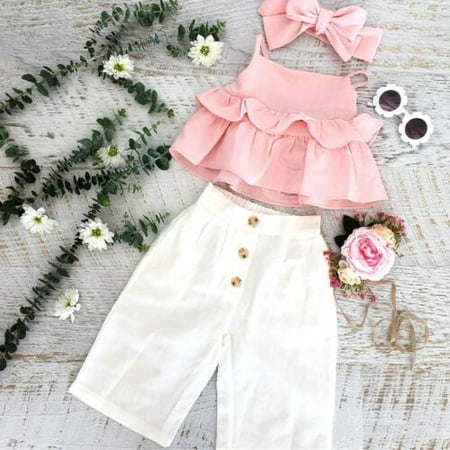 

Toddler Kids Baby Girl Ruffle Sling Tops Long Pants 3PCS Outfits Sunsuit 1-6Y
