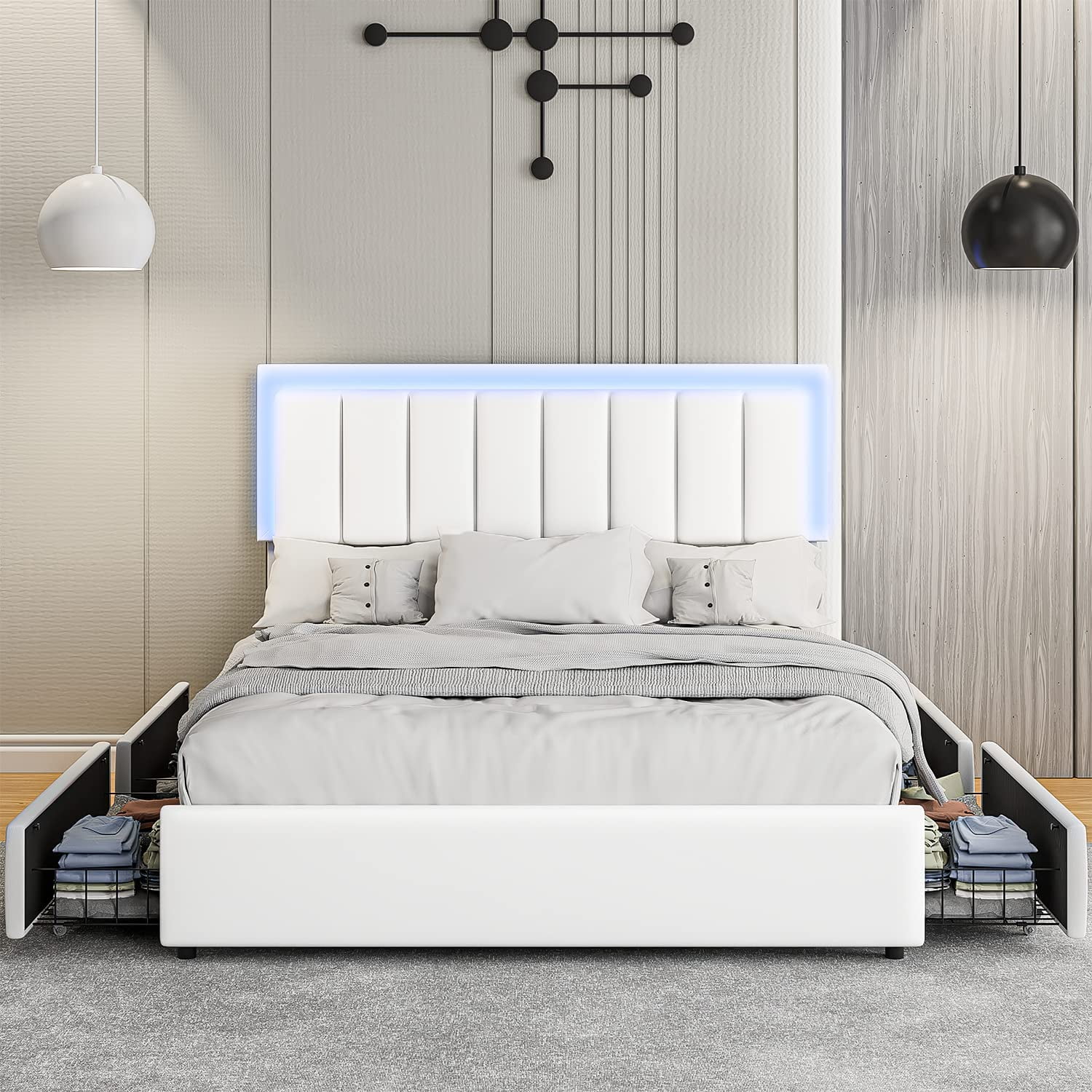 Catrimown Queen Size Bed Frame with LED Light Headboard, Upholstered Platform Bed Frame with Storage Drawers, No Box Spring Needed, White