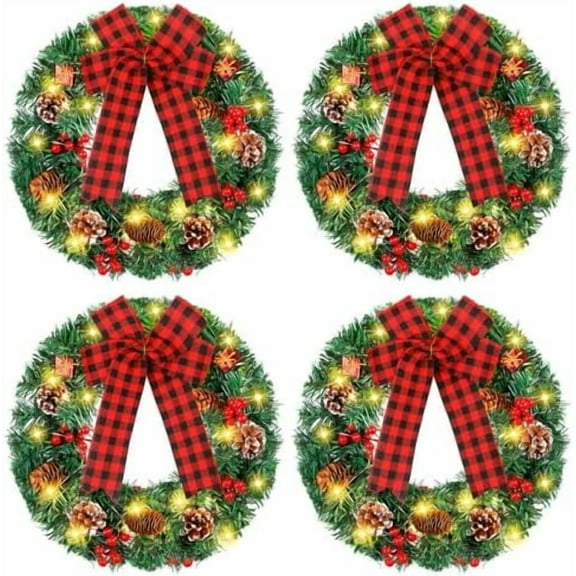 4 Pcs Christmas Wreath 13.8 Inches Prelit Small Xmas Wreaths with Red and Black Bow Christmas Door Decor with Pine Cones Red Berries for Door Outdoor Holiday Party