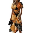 thumbnail image 2 of Women's Halloween Dresses Pumpkin Bat Short Sleeve Funny Midi Dresses Spider Webeb Ghost V Neck Spooky Dresses, L, 2 of 5