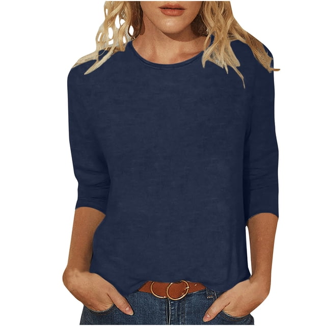 Hauts à Manches 3/4 pour Femmes Mode pour Femmes T-Shirt Uni Ample Mi-Long Blouse à Manches 3/4 Col Rond Hauts Décontractés T-Shirts en Coton Femmes T-Shirts pour Femmes Mode