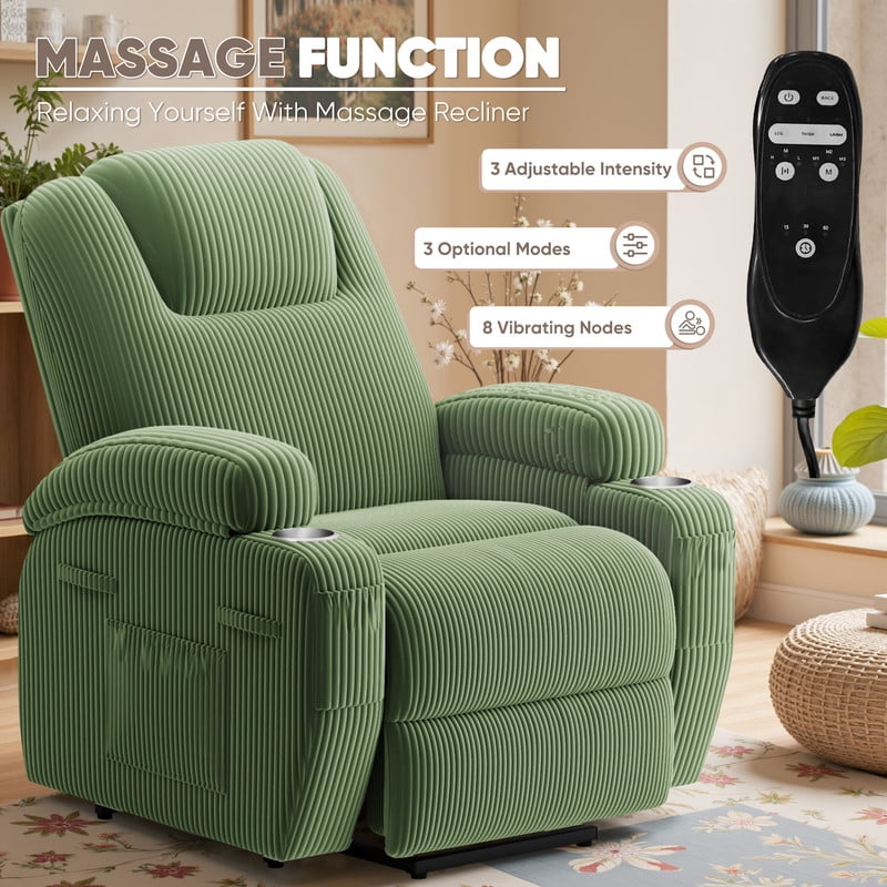 Homall Power Lift Recliner Chair with Massage for Living Room Recliner Chair for Elderly with Infinite Position Side Pocket and Saucer,Corduroy Green