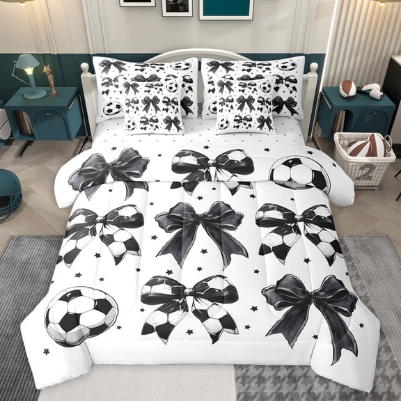 Feelyou Cartoon Black Bowknot Twin Bedding Sets 7-Piece for Kid, Football Soccer Print Bedding Comforter Set, Fashion Ribbon Reversible Sheet Sets, Ultra Soft Bedroom Decor