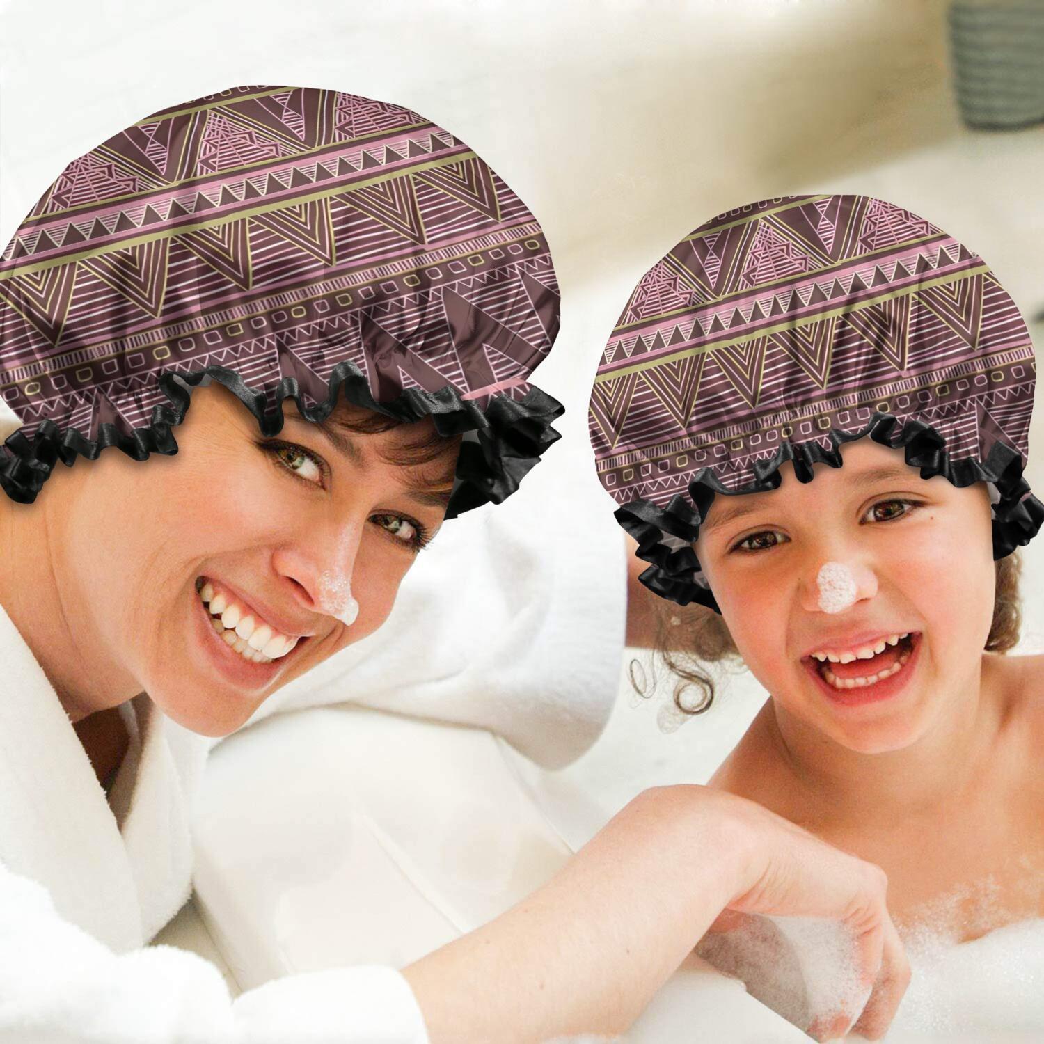 Shower Caps,Brown Geometric Striped Pattern Waterproof Shower Cap for Women 4 Pieces,Double Reusable Hair Cover for Shower PEVA Elastic Stretch Hem