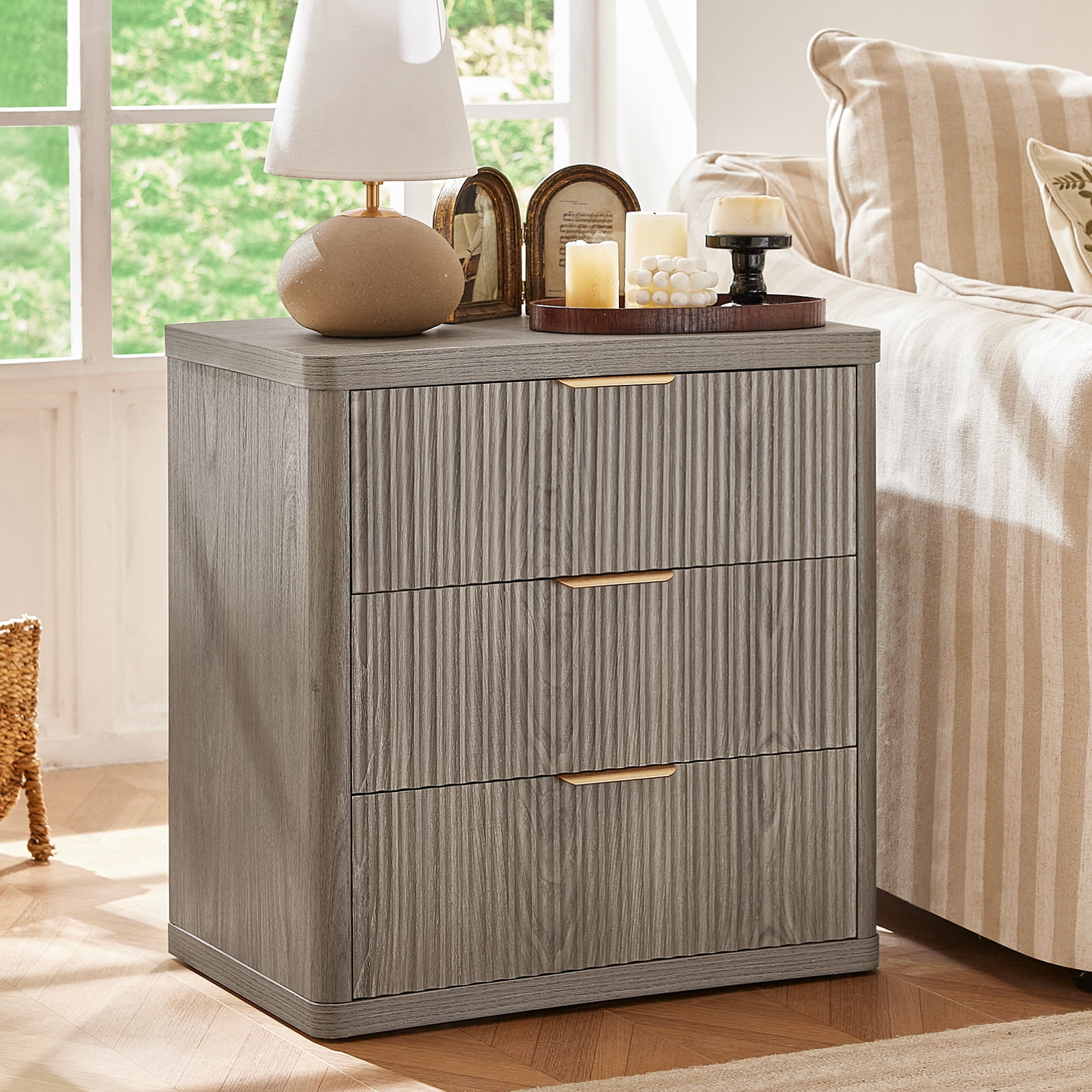 2 Pcs End Table with Charging Station, 23" Wide Sofa Side Table with 3 Drawers, Large Storage Rustic Wood Storage Cabinet for Living Room,Bedroom, Grey