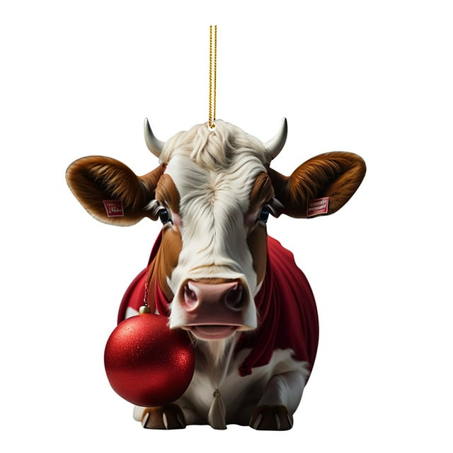 Huanglei 2D Acrylic Cartoon Fun Christmas Cow Christmas Tree Ornament Acrylic Christmas Cartoon Cute Cow Ornament Double Print White Elephant Gift Ornament