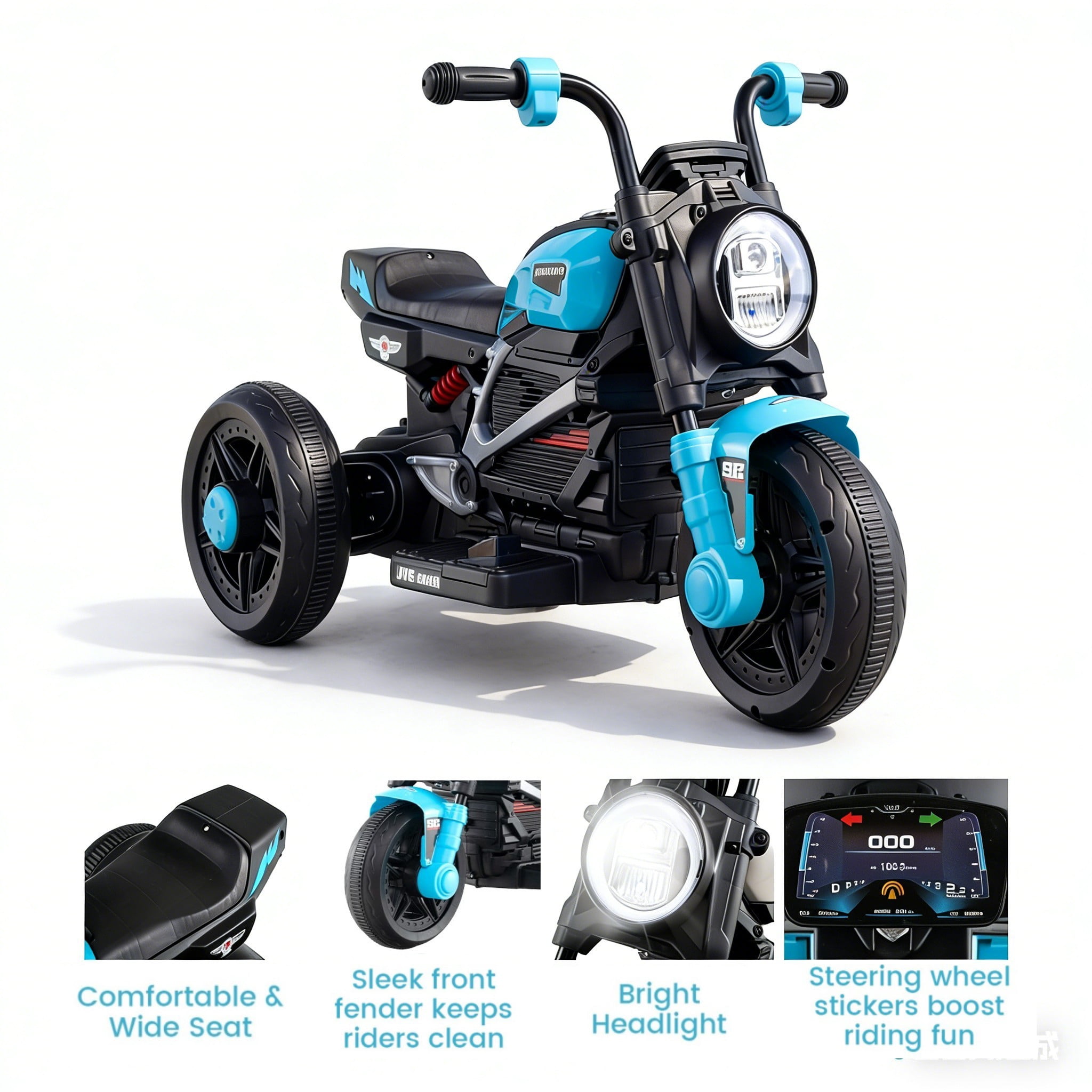 OLAKIDS 6V Kids Motorcycle with Forward & Reverse Switch, Headlight, Horn, Music, Story, USB Port, 3-Wheel Battery Powered Electric Ride on Toys for Toddler Boys Girls