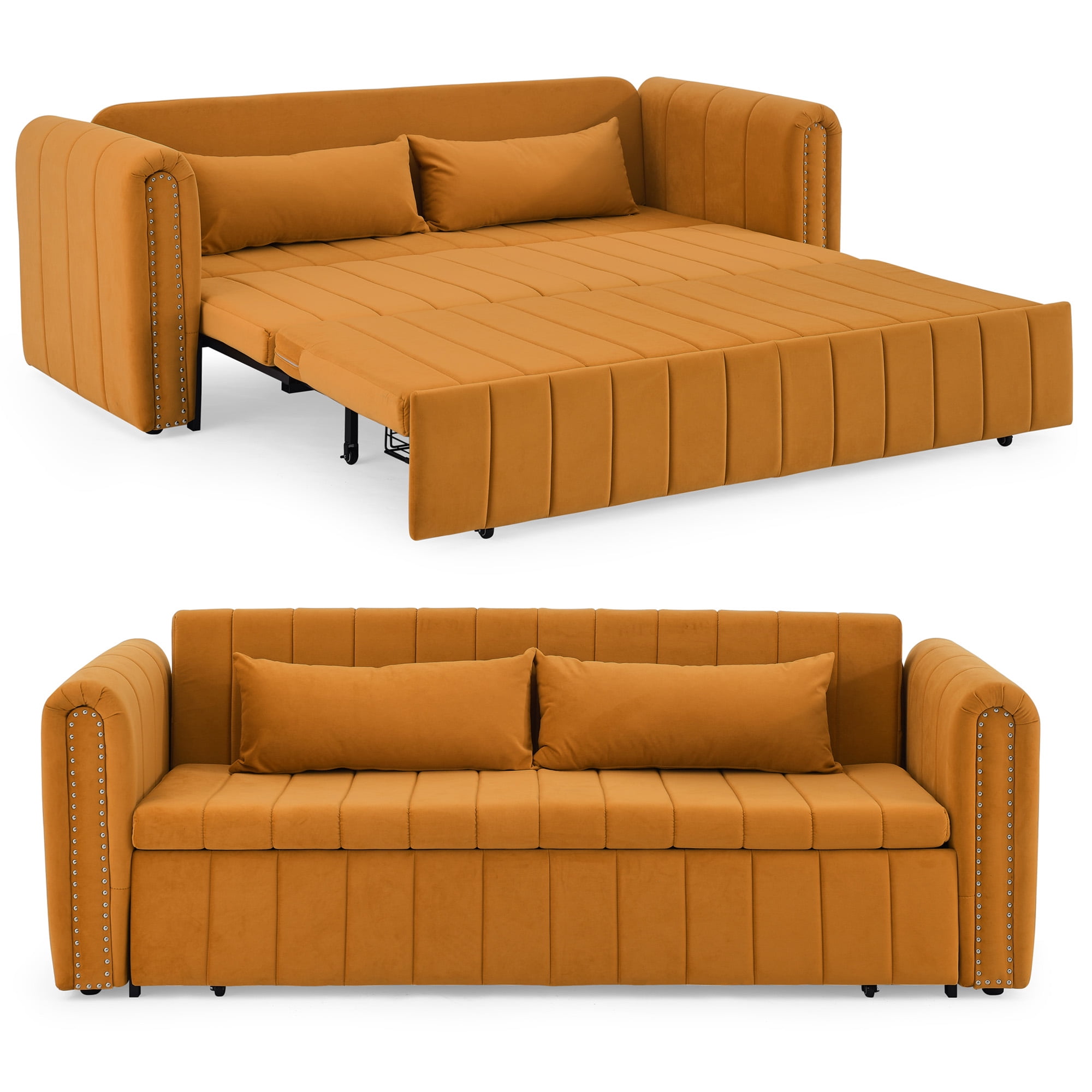 Aukfa 82" Pull Out Couch, Convertible 3 In 1 Sleeper Sofa Bed with Two Drawers, 3 Seater Sofa, Orange