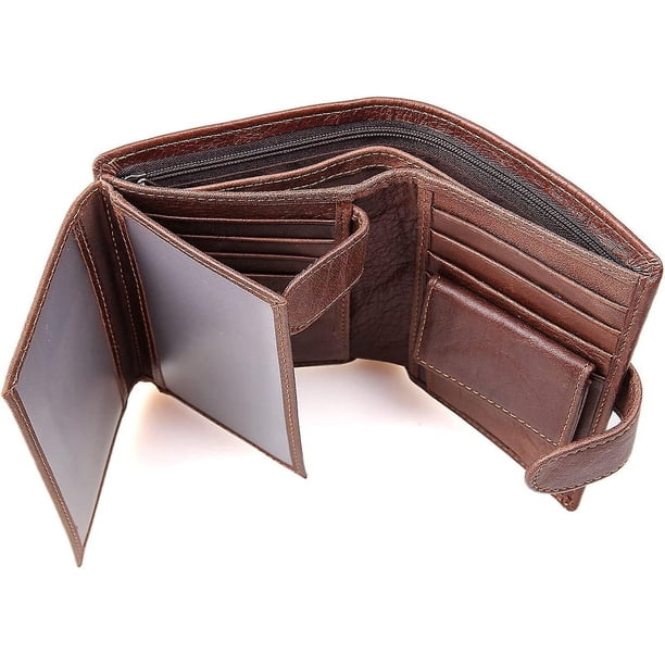 Coffee Cartera para hombre Carteras triples de cuero con bloqueo Rfid con bolsillo para monedas, compartimentos para billetes con cremallera, caja de regalo, 11 ranuras para tar
