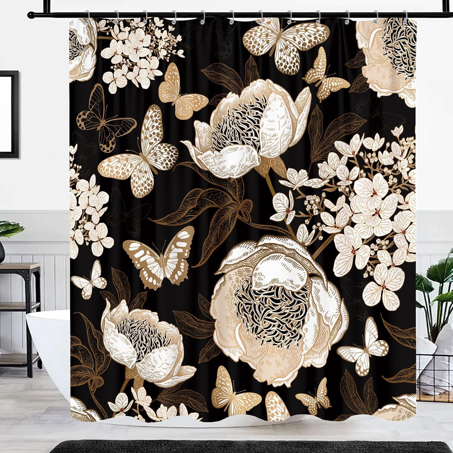 Black and Gold Floral Butterfly Shower Curtain, Boho Dark Flowers Botanical Aesthetic Shower Curtain for Bathroom with Hook, Vintage Moth Farmhouse Unique Chic Shower Curtain Set with Hooks 72X72
