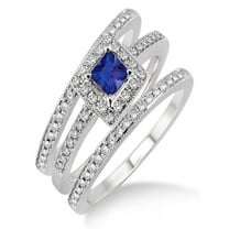 2 Carat Sapphire and Diamond Trio set Halo Ring on 10k White Gold