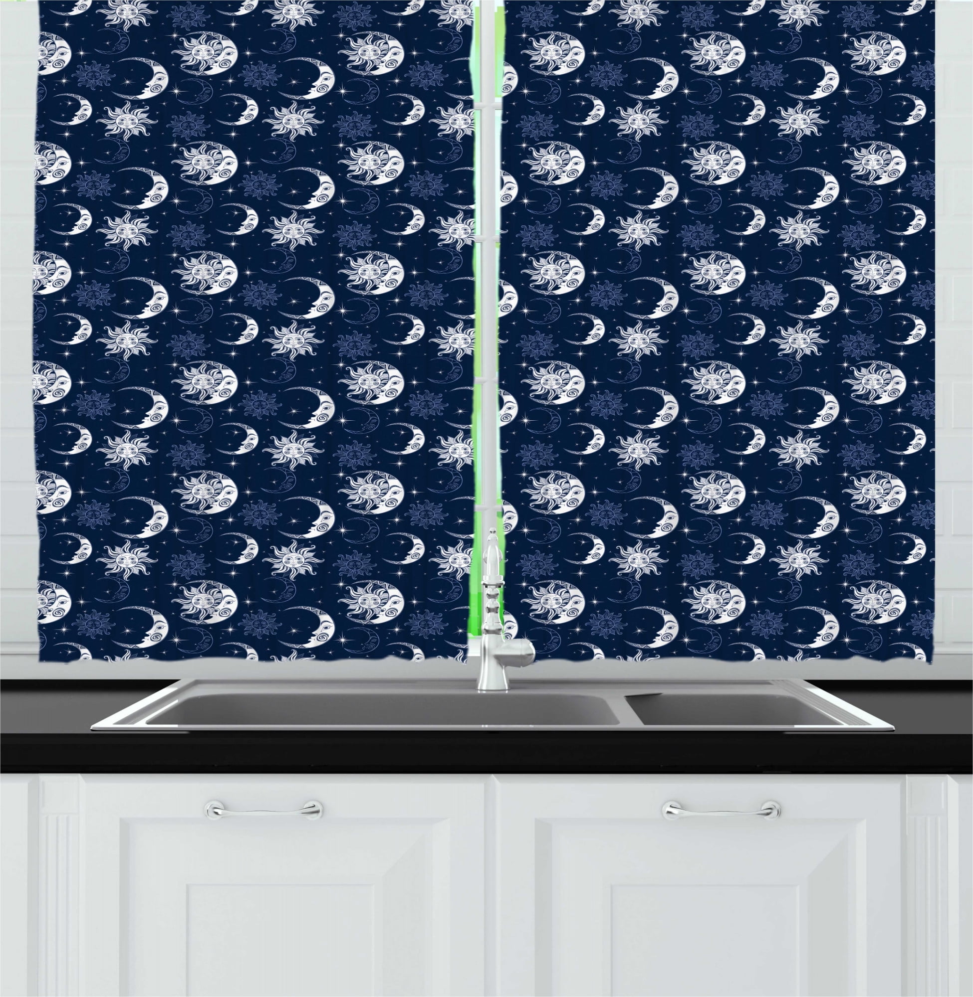 Half Moon Kitchen Curtains, Repeating Sky Elements Sun and Stars
