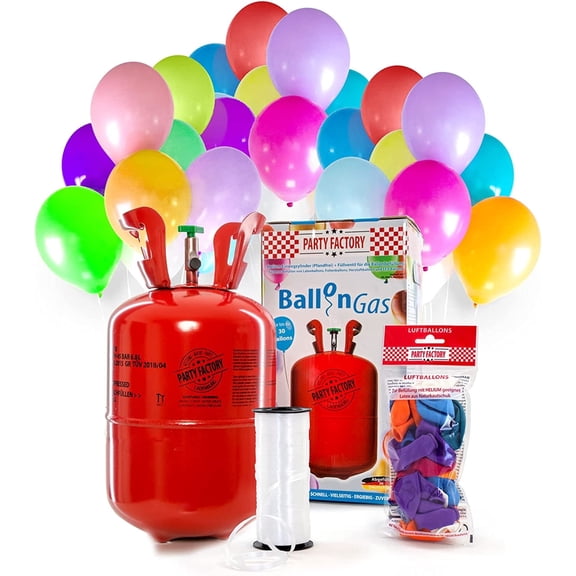 Party Factory Helium Tank, 7 cu ft, 30 Assorted Latex Balloons, Disposable