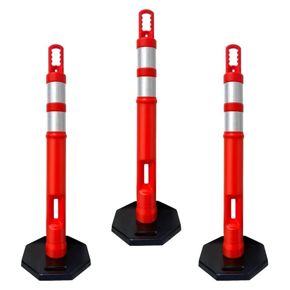 (Pack of 3 Sets) 45" inch Orange Delineator Post Cone with 10 lbs. Rubber Base Heavy Duty, 2 Reflective Bands for Driveway, Parking Cones (Set of 3 (Post & Base))