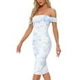 thumbnail image 4 of INSPIRE CHIC Women's Bodycon Square Neck Short Sleeve Printed Midi Ruched Dress L Light Blue, 4 of 6