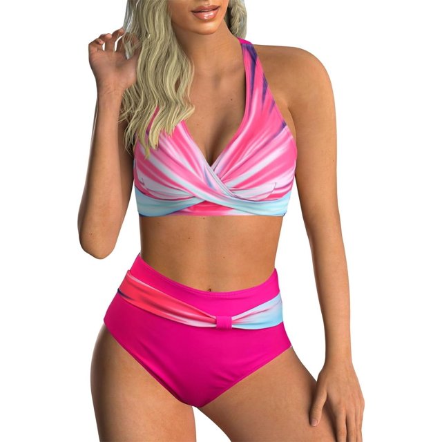 LAICAIW Womens Two Piece Swimsuits Wrap Front Bikini High Waisted Bottom Tummy Control Bathing Suits Vintage Print Swimwear