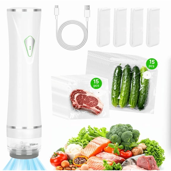 KOMCLUB Wireless Handheld Vacuum Sealer, 65KPa Suction Rechargeable Hand Held Food Saver with 30 Reusable Bags & Drip Tray
