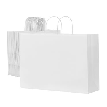 KFFKFF 50 pack Large Kraft Paper Bags with Handles 16 x 6 x 12 in, Durable Gift Bags, Reusable Grocery Bags, Recycled Take-Out Sacks, Plain Bulk Party Bags for Event, Shopping, Business, White