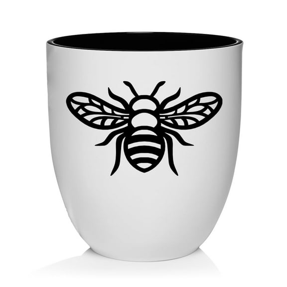 Ceramic Planter Plant Pot with Plastic Liner Gift Honey Bee (White)