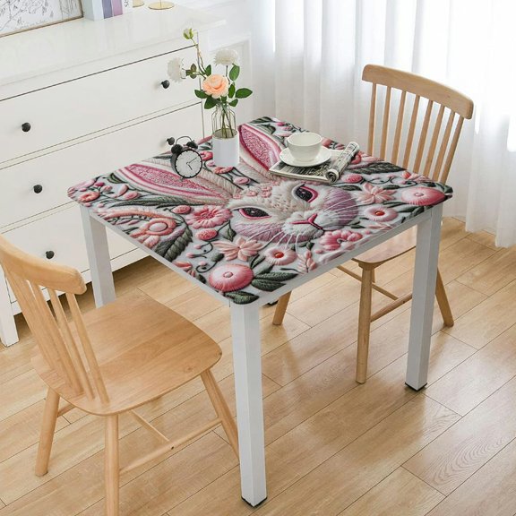 Acheng Bunny Ears Floral Patterns Playful Design Square Tablecloth Full Width Single-Sided Printing 100% Polyester Fiber Easter 36*36