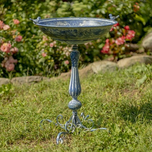 Zaer Ltd. Ornate Pedestal Style Birdbath with Cast Iron Birds on Rim (Blue)