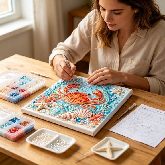 YiFudd Pearl Art Kits for Adults – 3D Diamond Art Painting with Blue Crab Ocean Theme, Bead Art Kit for Home Wall Decor