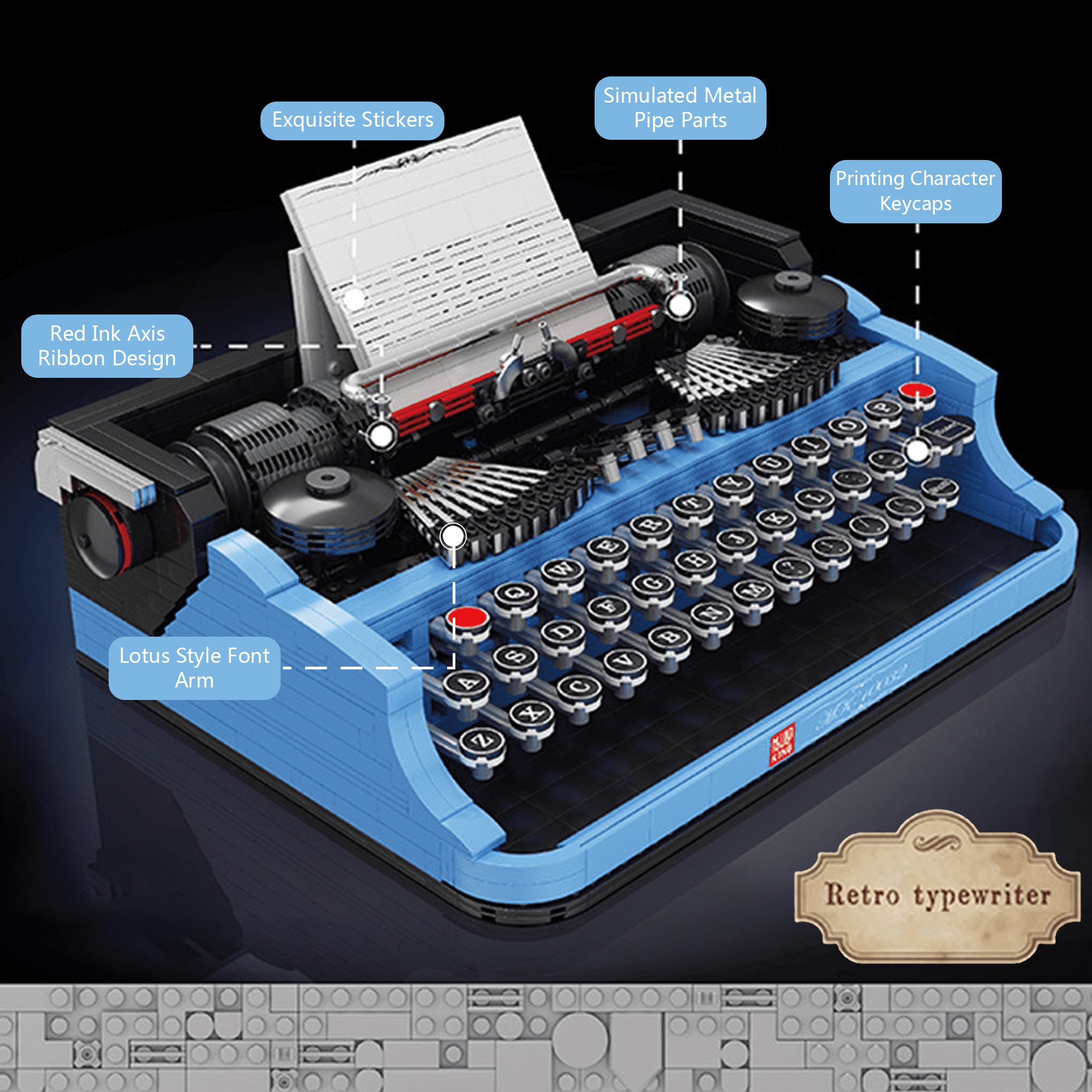 Retro Vintage Typewriter Building Blocks – 223-Piece Mini Model Set For Kids & Adults
