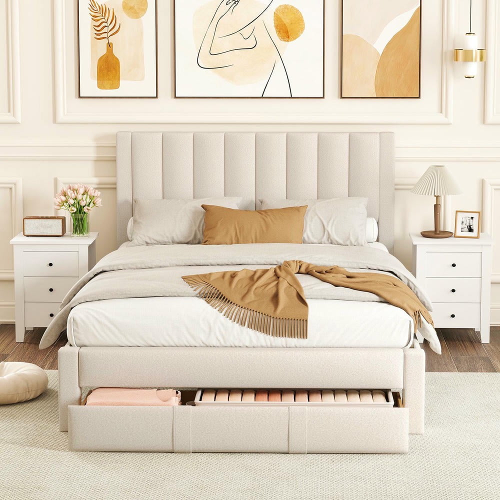 Barara King Queen Size Bedroom Bed Frame with Storage Drawer and Vertical Channel Headboard, Bed Platform Frame for Bedroom, Apartment, Beige