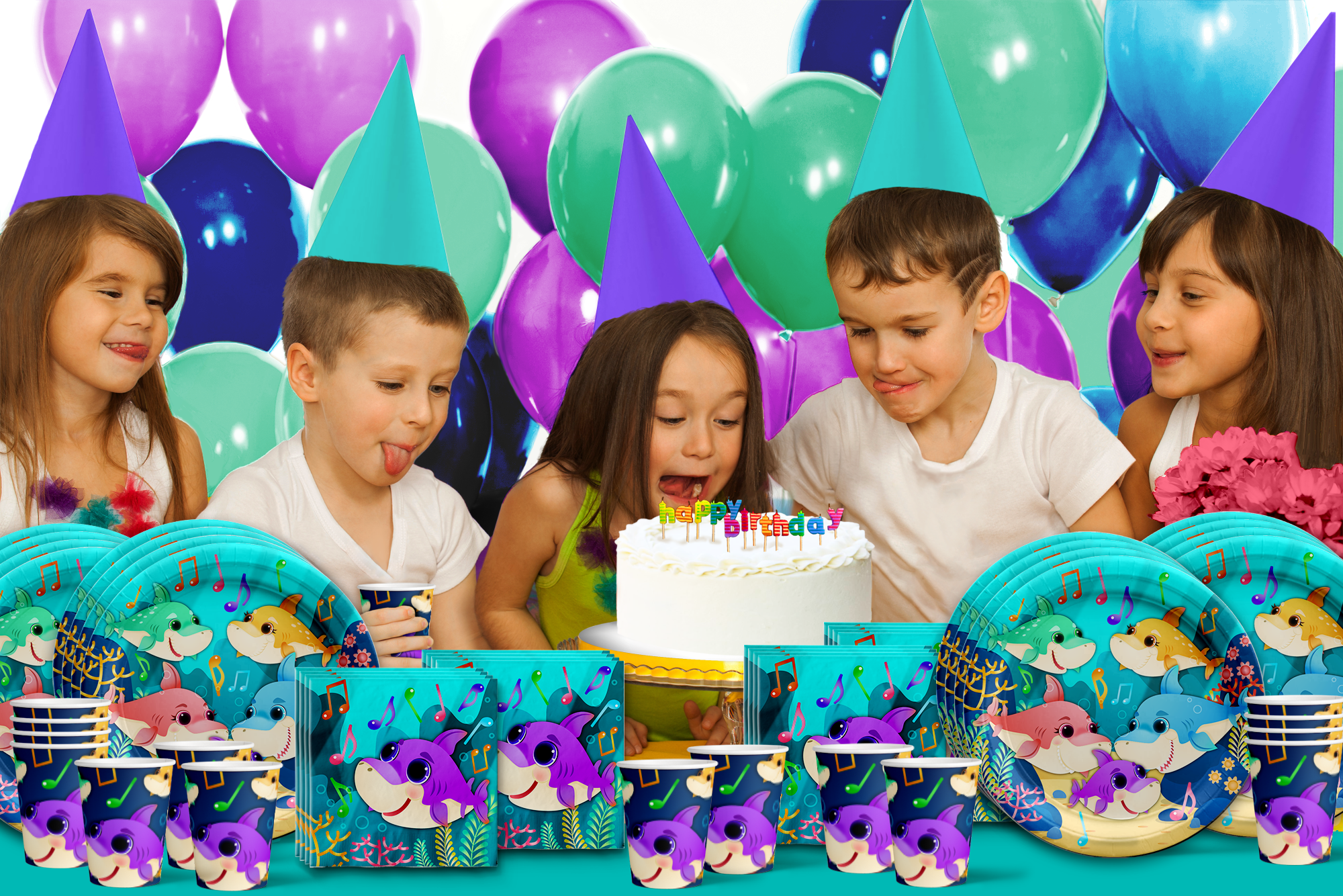 Colorful Musical Shark Party Supplies for Baby's 1st Birthday, Kid's Birthdays, and Baby Shower Shark Themed Parties - Tableware Sets with Plates, Napkins, and Cups | Kit for 16