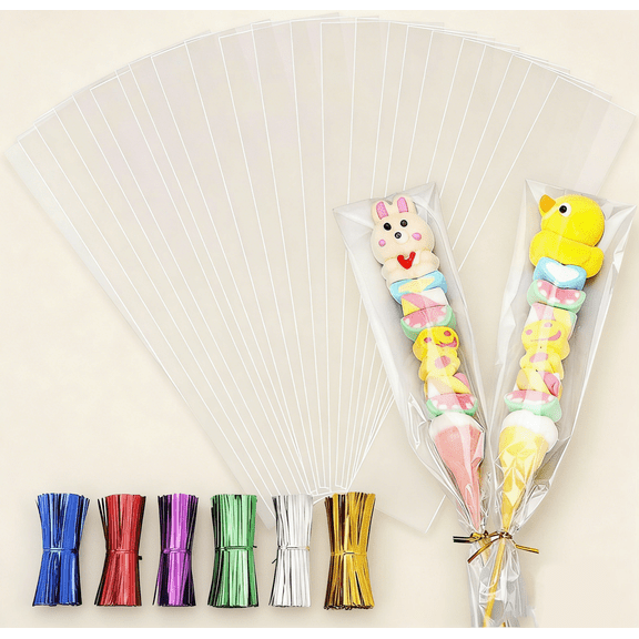 Cellophane Treat Bags Clear Long Flat Gift Wrap Clear Pretzel Bags with Mix Colors Twist Cake Pop Cello Goodie Party Cookies Packaging