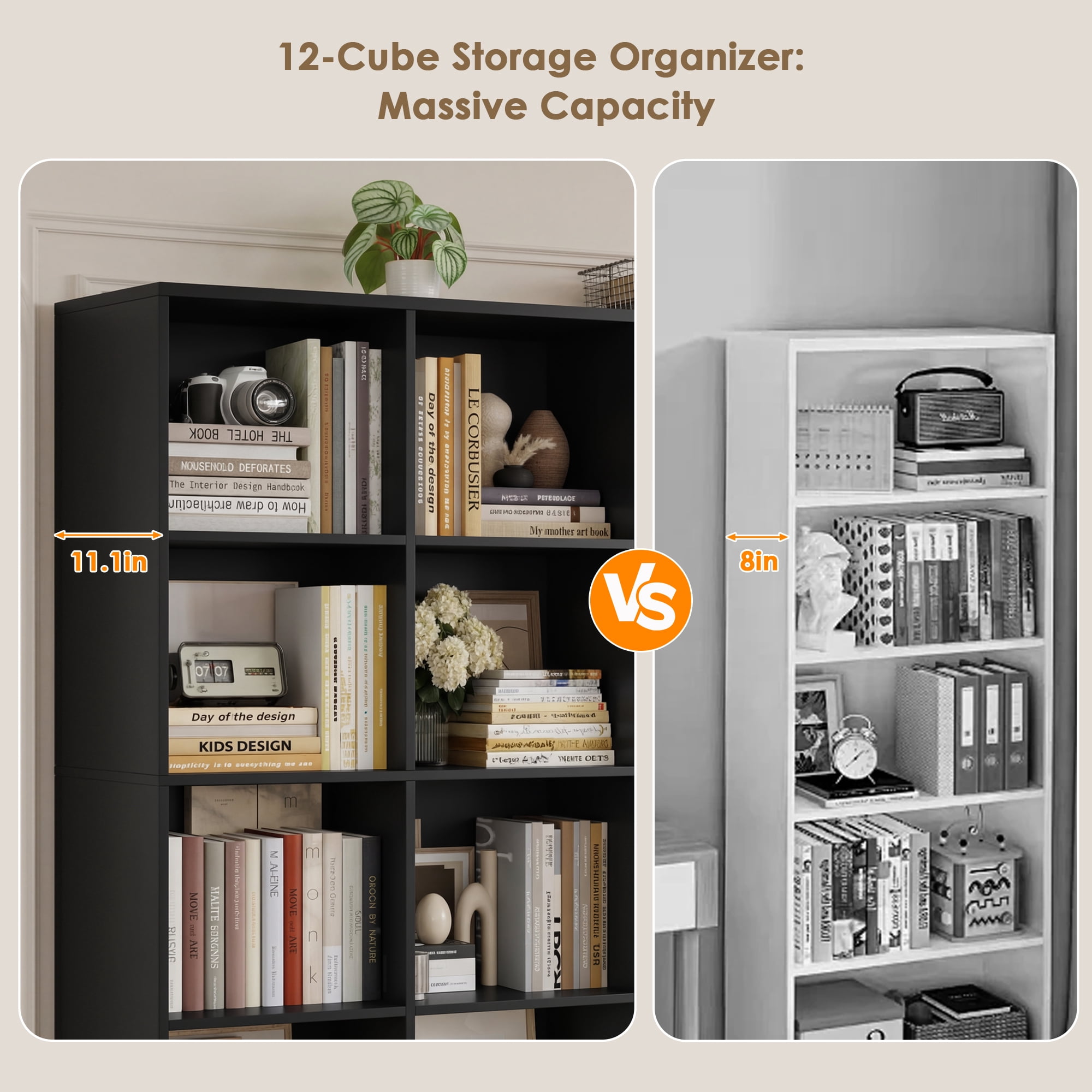 Hiphuta Triple Row 4-Tier Bookcase with 12 Cubes, 69" Tall Large Bookcase with 3 Drawers, for Office Living Room, Black
