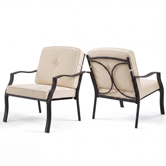 Gymax Set of 2 Patio Metal Chairs Outdoor Dining Seat Heavy Duty w/ Cushions Garden Beige