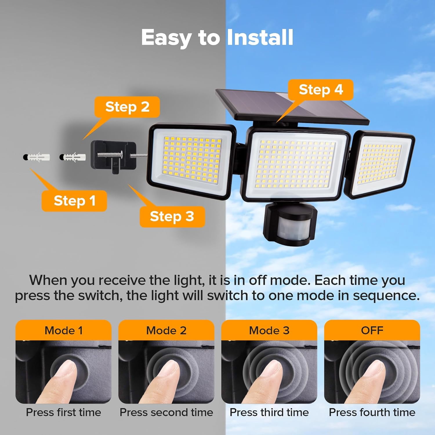 UME 2 Pack Solar Flood Light, 302 LED 3000LM Motion Detectors Light, 3 Modes for Patio Garage Yard, IP65 Waterproof