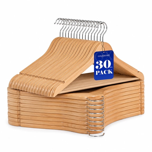 GZQXHOME Quality Wooden Hangers with 360-Degree Rotatable Hook and Precisely Cut Notches,Solid Wooden Hangers for Coat Heavy-Duty Clothes, Jacket, Shirt, Pants,with Non Slip Pants Bar (30, Natural)