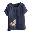 thumbnail image 4 of Vmvidoty 2026 Plus Size Fashion Cotton Linen Vintage Top for Women Spring And Summer Round Neck Short Sleeve Casual Button T-Shirt Navy M, 4 of 5