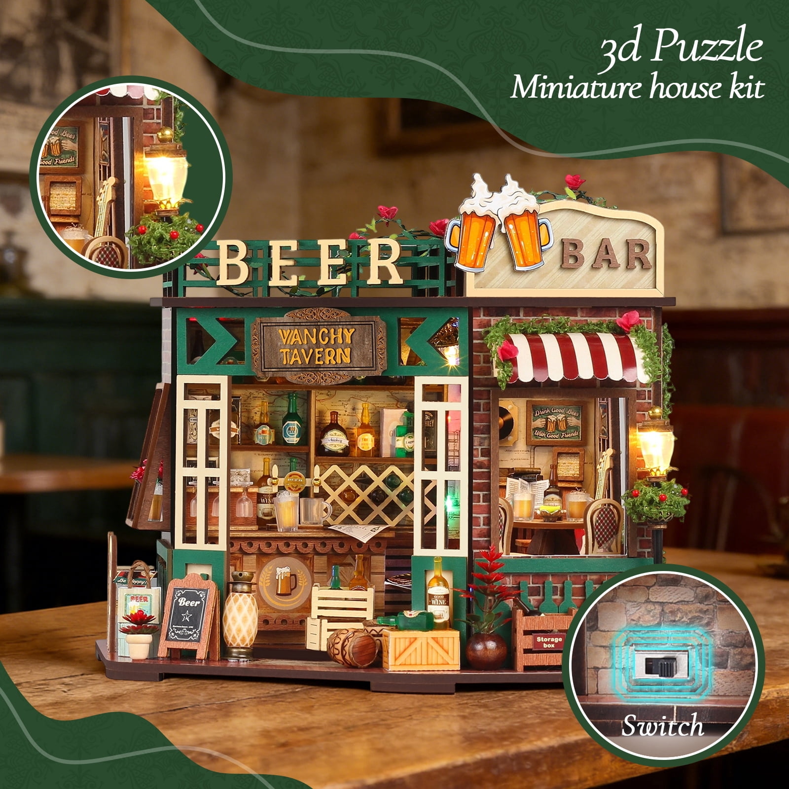 WLBES 3D Wooden Puzzle Book Nook Kit for Adults, DIY Miniature Tavern House Model Kit, Cute Book Nooks for Bookshelf, Home Decor & Craft Hobby