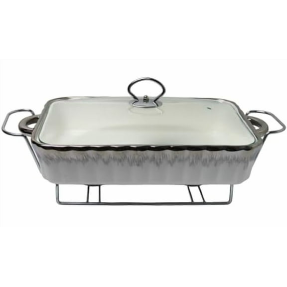 Ceramic Chafing Dish 12"x9" Chafer Buffet Catering Restaurant Water Pan Fuel Holder Large Size Stainless Steel Silver Metal Base Legs