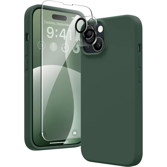 Entronix Silicone Back Cover Cell Phone Case with Tempered Glass for Apple iPhone 15, Green