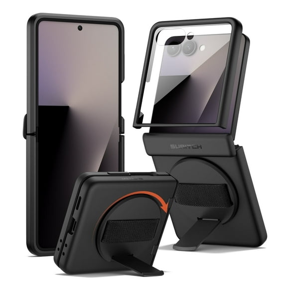 Suritch Phone Case for Samsung Galaxy Z Flip 7 with Rotatable Hand Grip, Kickstand and Screen Protector, Rugged Shockproof Protective Cover, Black